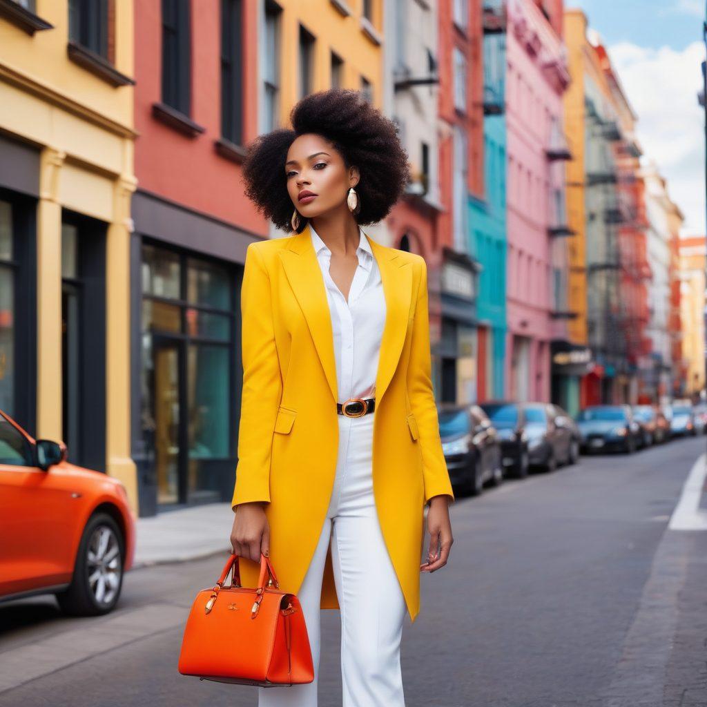 A fashionable modern woman confidently showcasing a chic outfit, surrounded by must-have fashion pieces like a stylish handbag, elegant heels, and trendy accessories. The background features a vibrant cityscape, symbolizing urban sophistication. Include diverse fashion styles, with a focus on allure and elegance, reflecting a blend of femininity and confidence. high fashion photography. vibrant colors. urban backdrop.