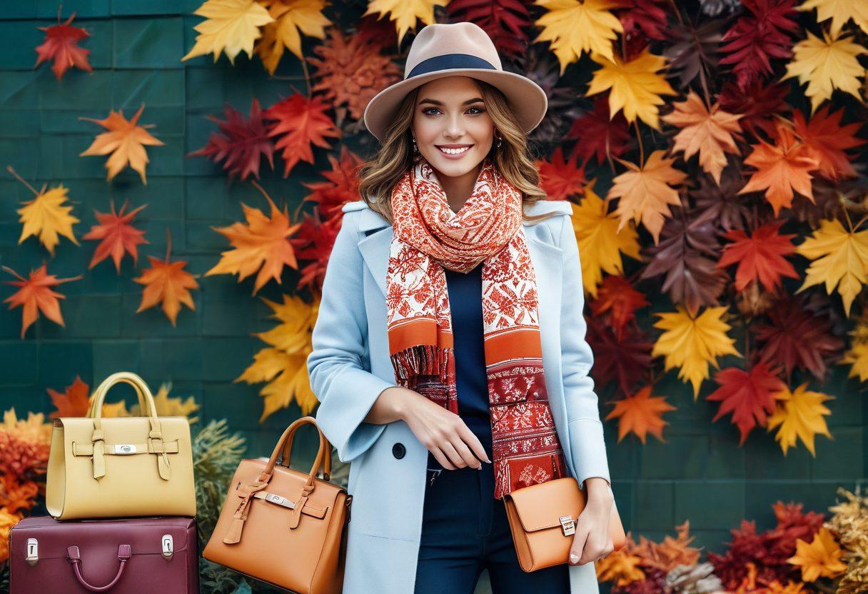 A stylish, confident woman surrounded by seasonal fashion items like vibrant scarves, elegant hats, and classic shoes. The background features a mosaic of seasonal colors, symbolizing autumn leaves and winter snowflakes. The woman poses with a playful smile, embodying a mix of trendiness and timeless elegance, holding a chic handbag. Incorporate a soft gradient lighting that enhances her allure. chic fashion photography. vibrant colors. soft focus.