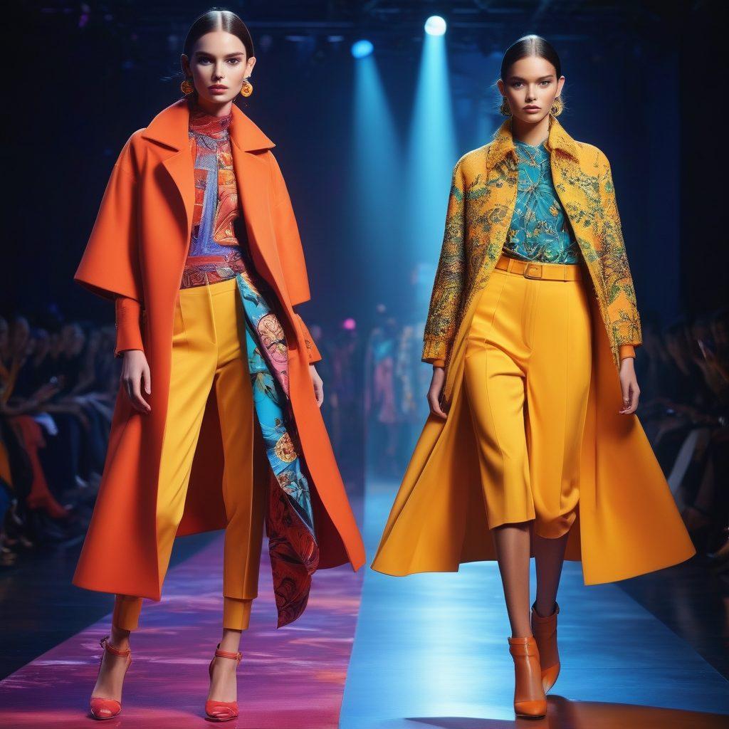 A split-image design showcasing a playful outfit on one side with bright colors and fun patterns, transitioning to a sophisticated elegant ensemble on the other side with luxurious fabrics and a classy silhouette. An inspirational background featuring a runway setting with spotlights, highlighting the transformation of fashion styles. The atmosphere should be vibrant and dynamic, encouraging a sense of empowerment and style exploration. super-realistic. vibrant colors. fashion illustration.